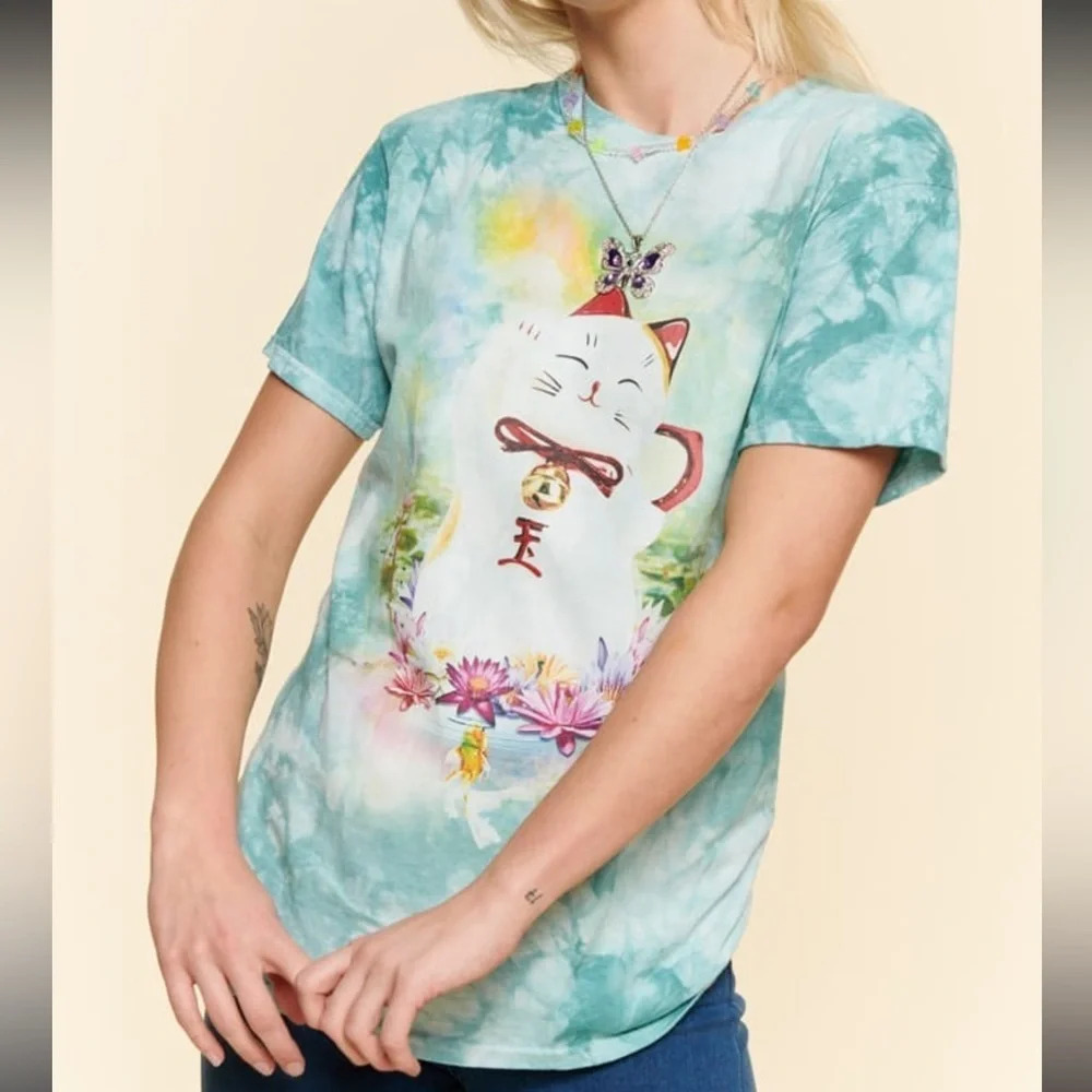 Earthbound Trading Lucky Cat Tie Die T-Shirt, Blue Multi, Medium, NWT - Picture 1 of 5